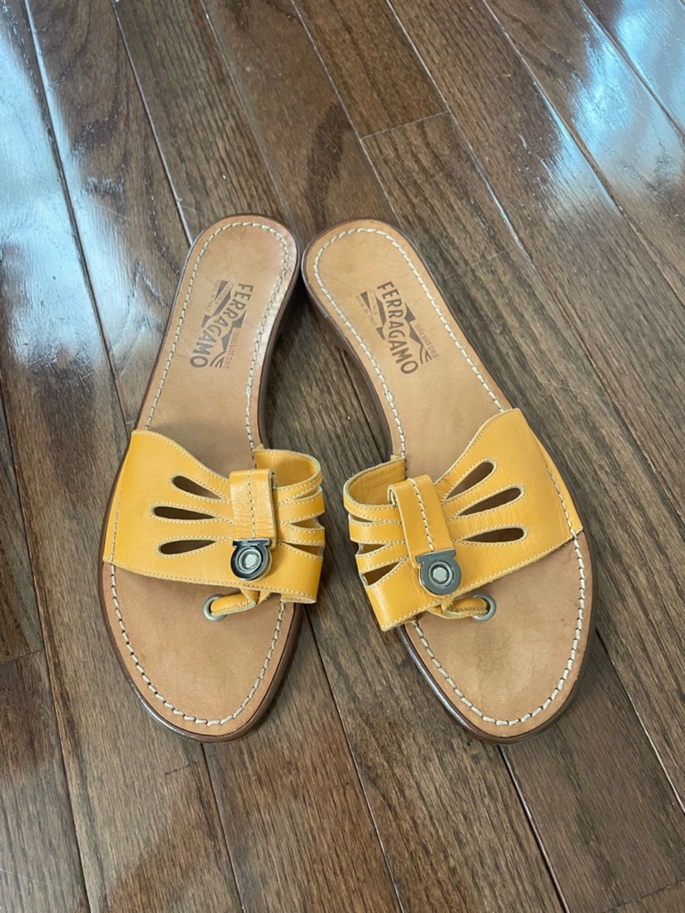 Salvatore Ferragamo Mustard Yellow Leather Slide Sandals 8.5